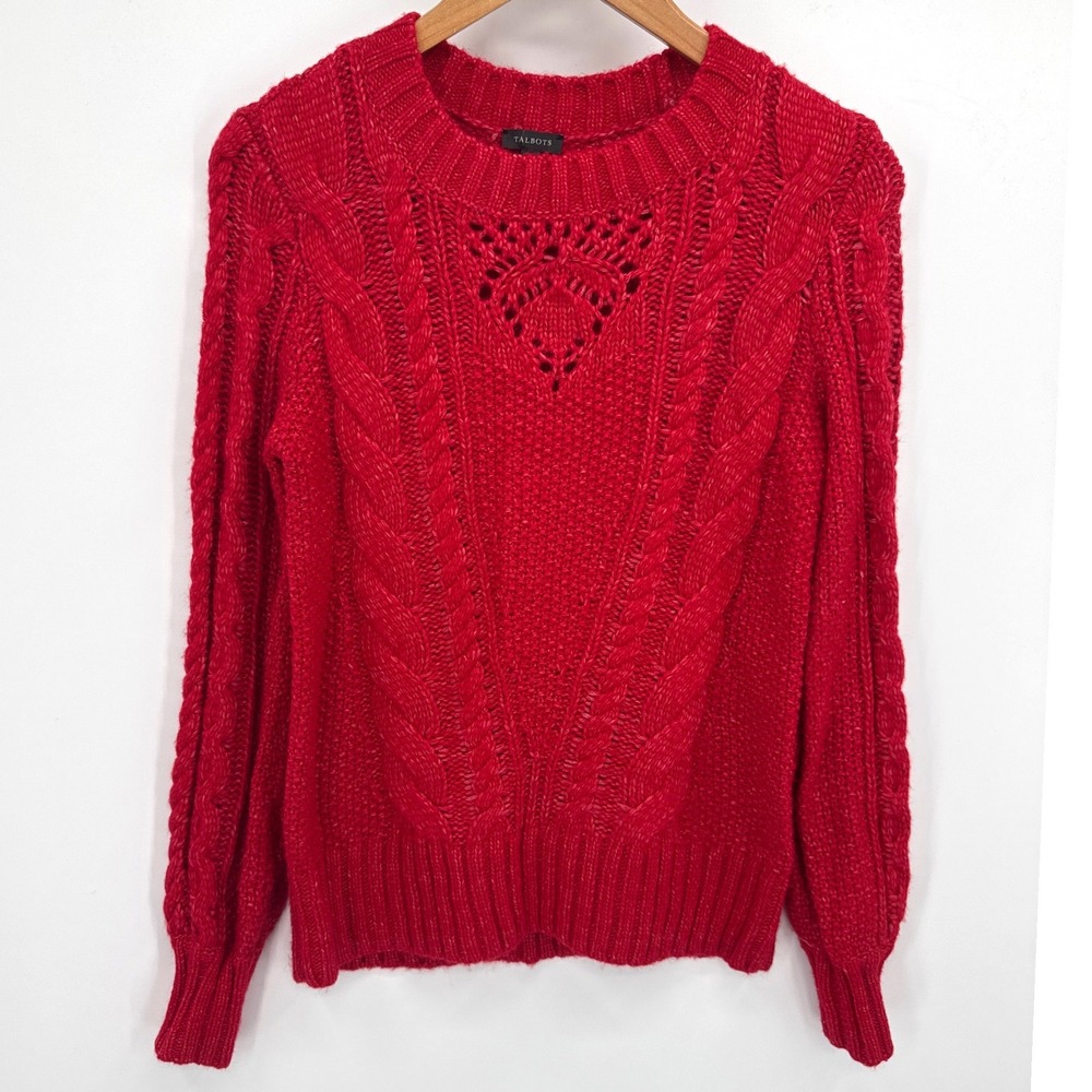 Talbots Womens Sweater XS Red Cable Knit Pointelle Crew Neck Long Sleeve